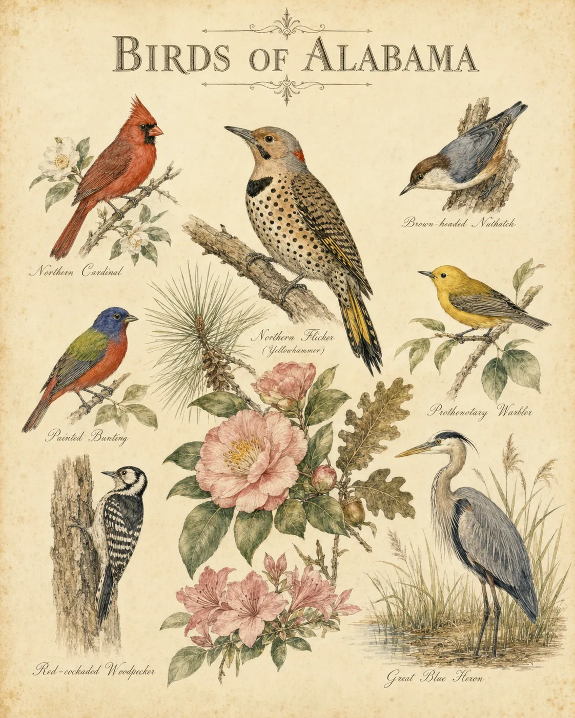 Northern Flicker (Yellowhammer) in a longleaf pine forest in Alabama, in the Audubon style
