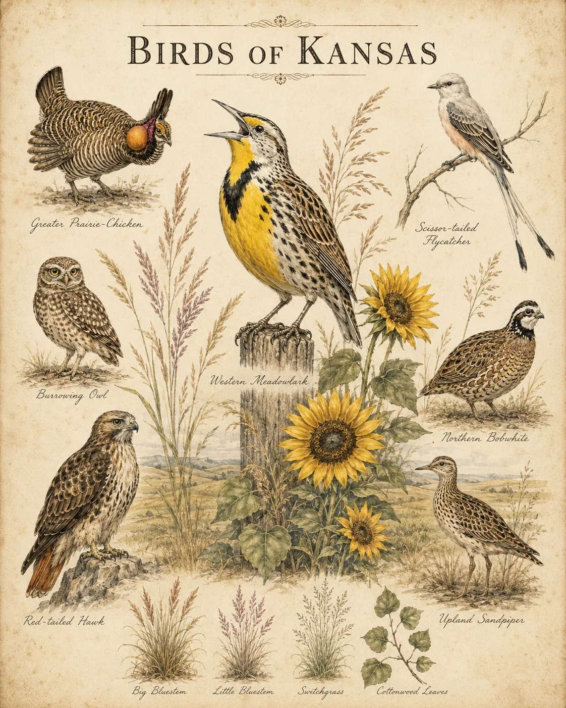 Western Meadowlark perched on a fence post above shortgrass prairie in late spring light, in the Audubon style