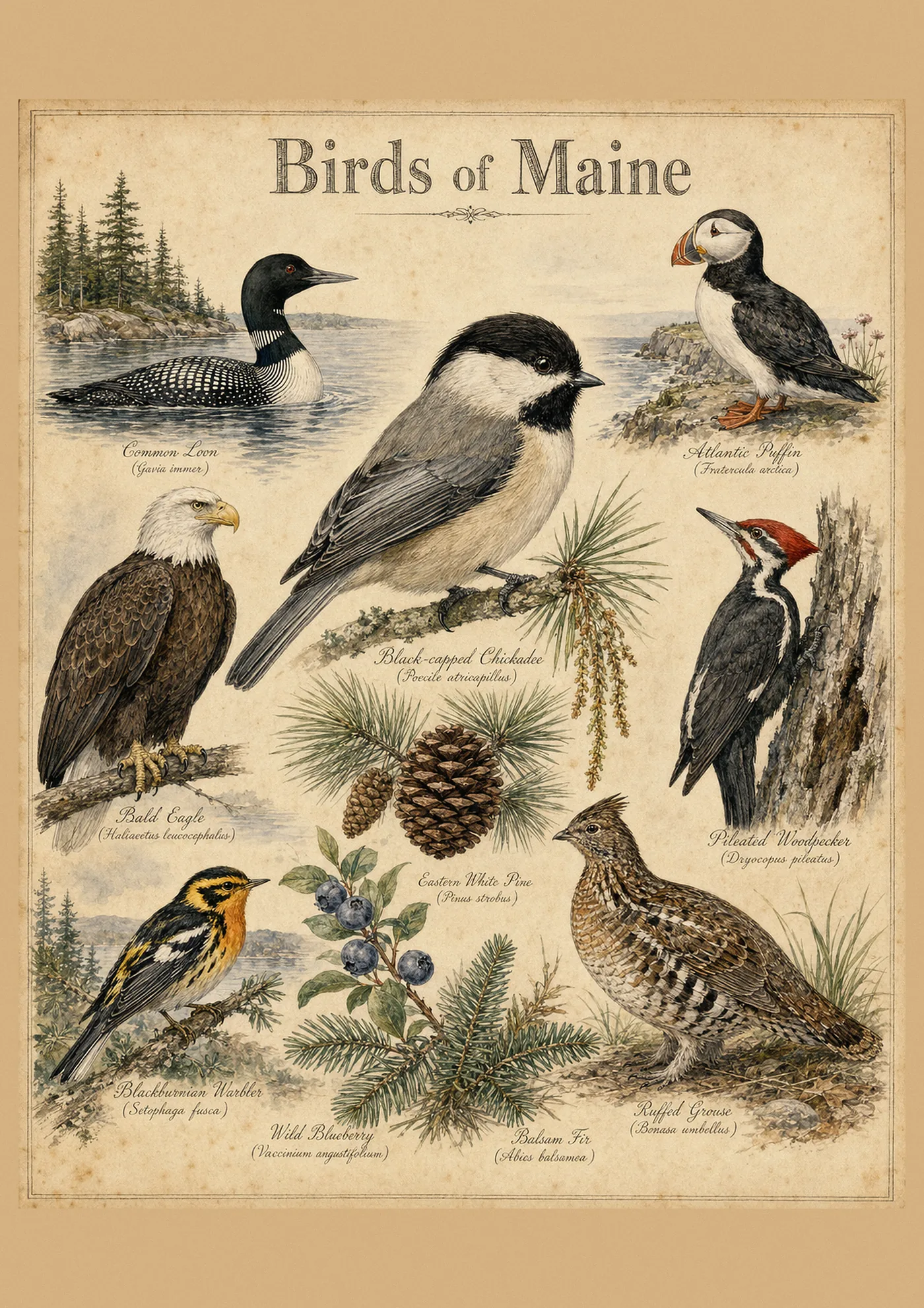 Audubon-style composite plate of the signature birds of Maine