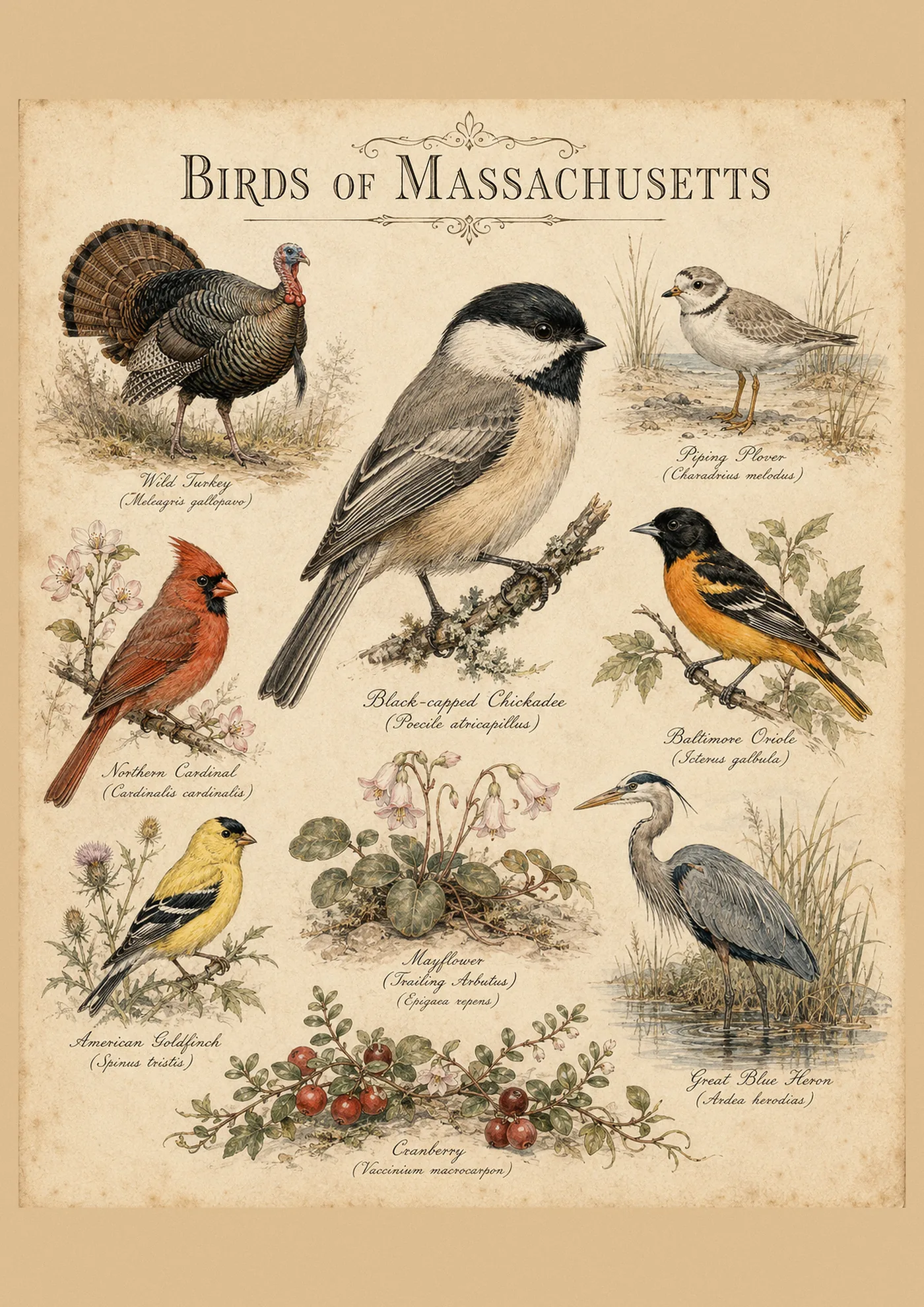 Audubon-style composite plate of the signature birds of Massachusetts