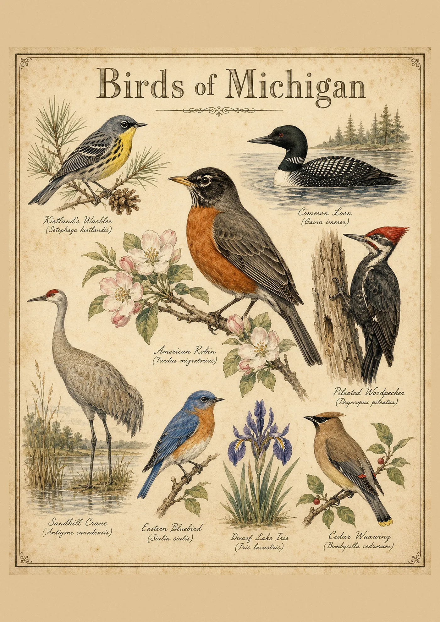 Audubon-style composite plate of the signature birds of Michigan