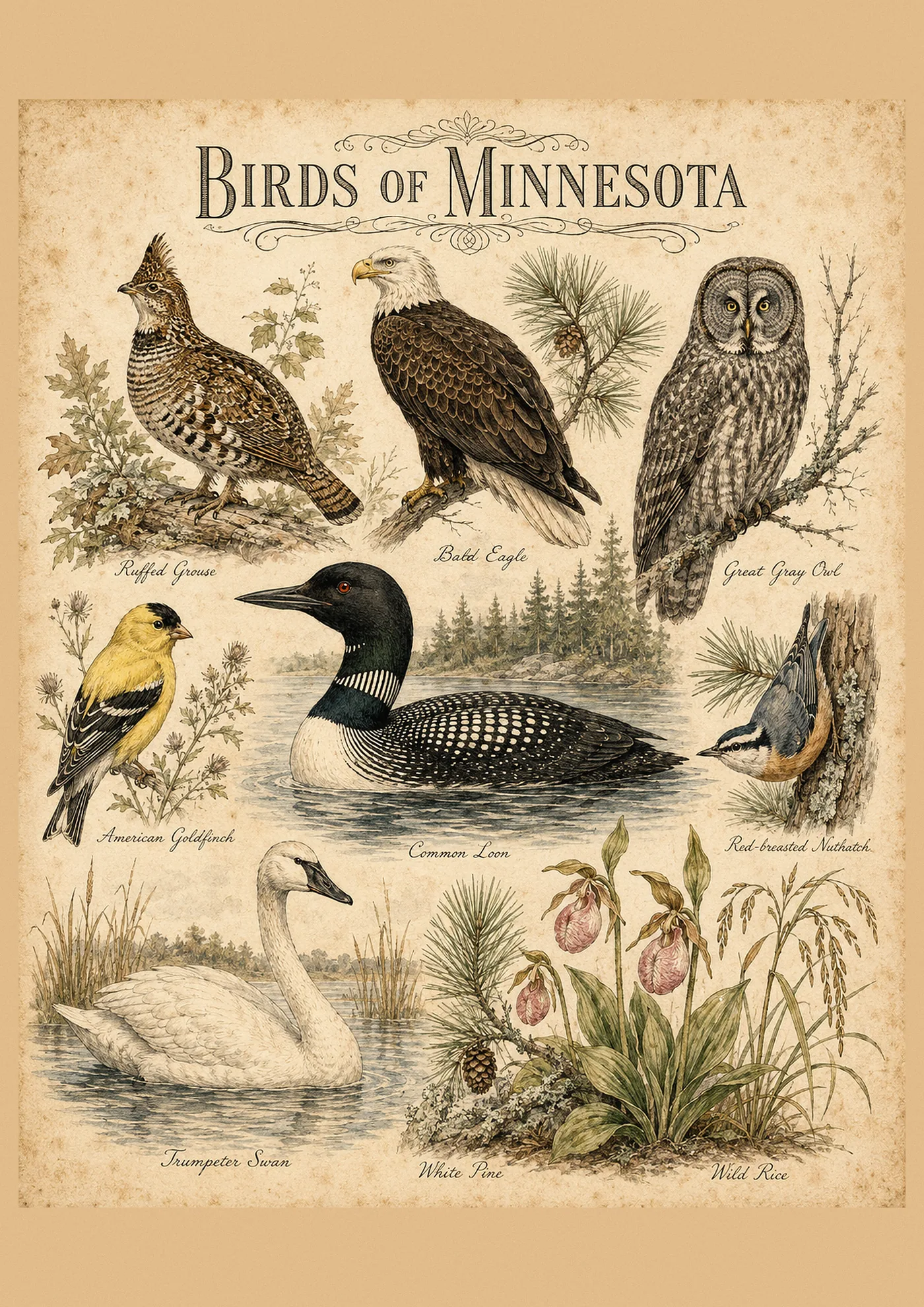 Audubon-style composite plate of the signature birds of Minnesota