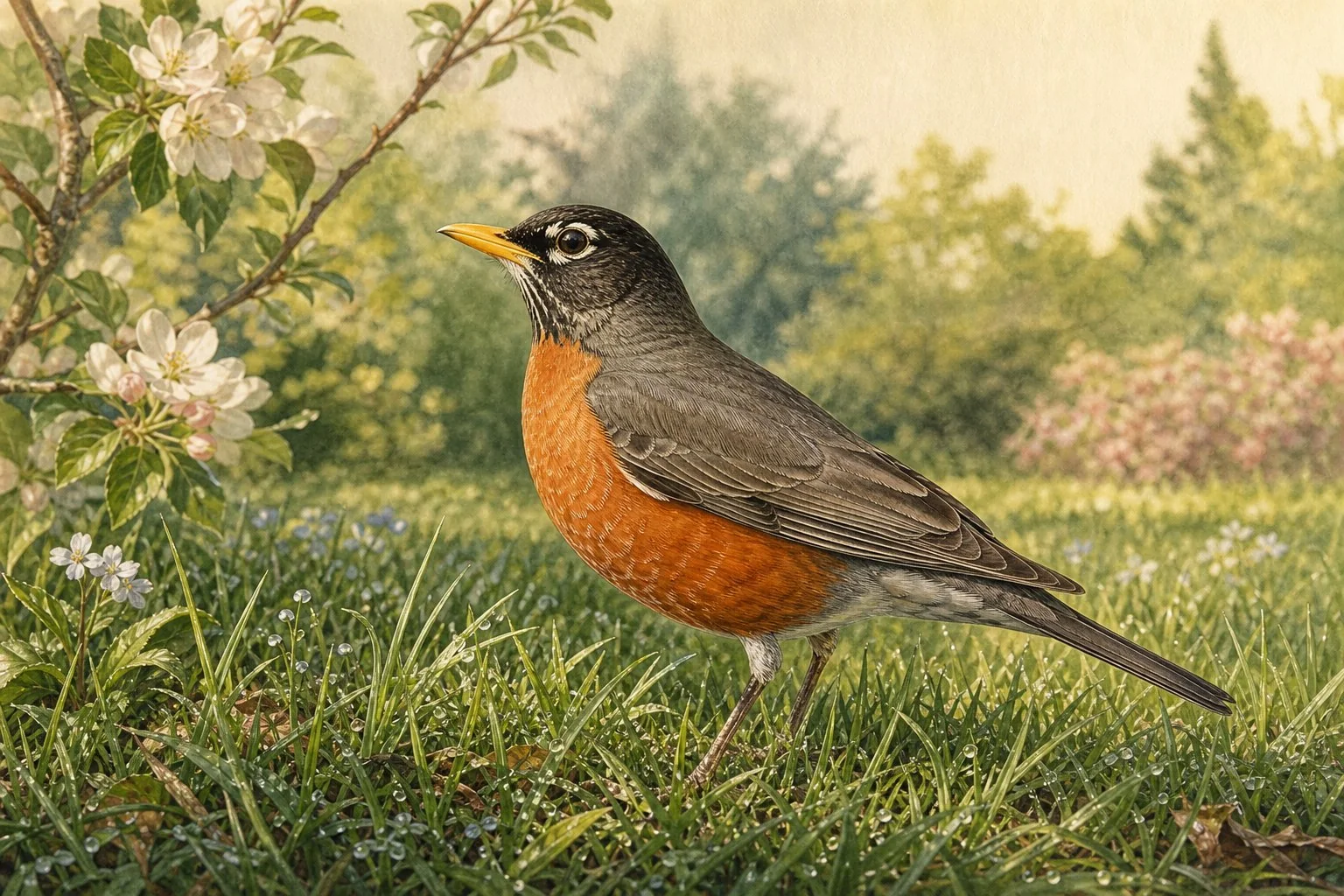 An American robin standing on damp spring grass, head tilted sharply to one side, its deep orange-red breast vivid against the dark green lawn, a pale white eye-ring visible, one foot raised mid-step as it hunts for earthworms in early morning light