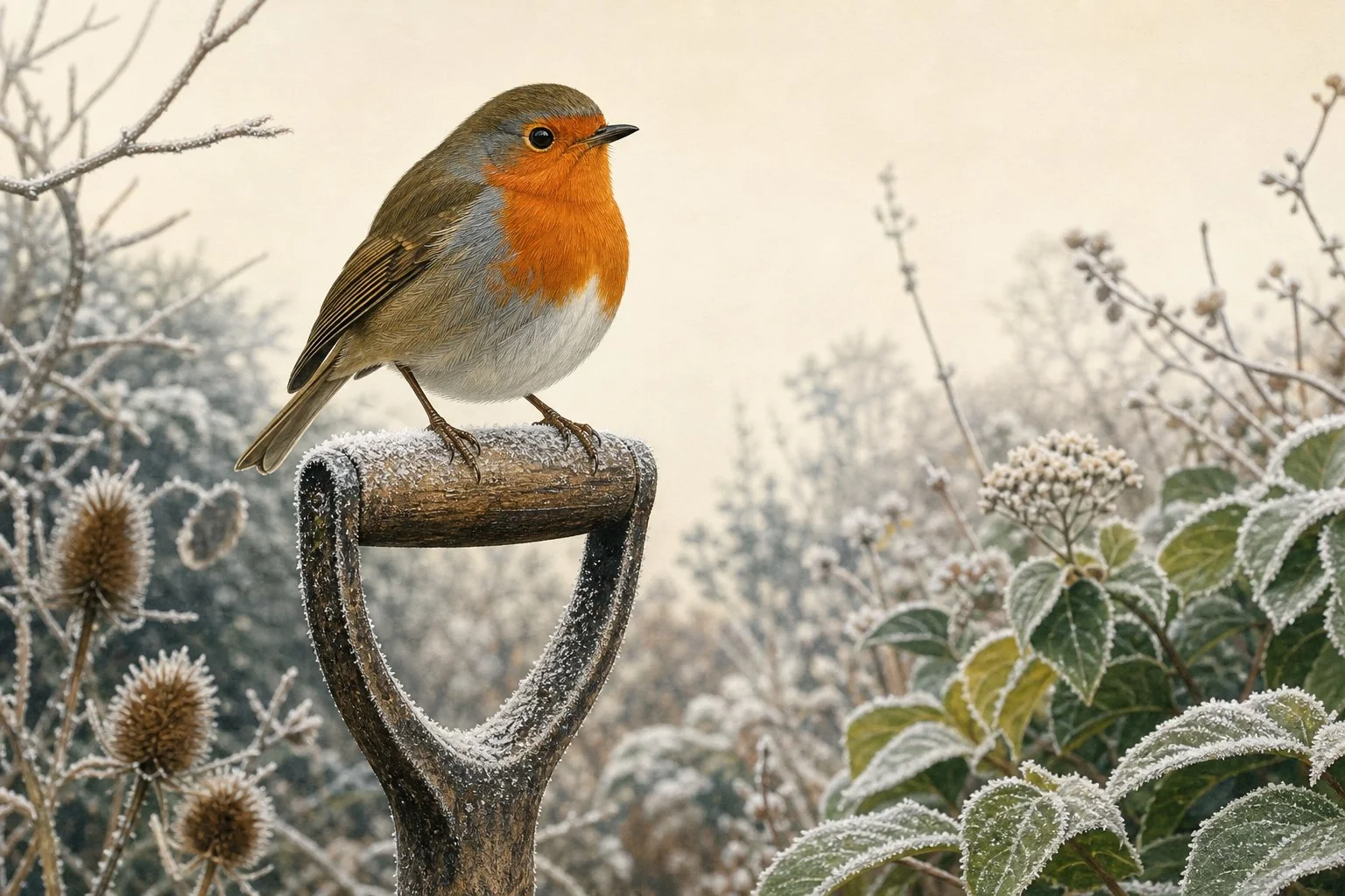 A European robin perched on the handle of a garden spade thrust into dark soil, its orange-red breast vivid against a grey winter sky, frost on the ground, a stone wall behind it, photographed close and sharp with shallow depth of field