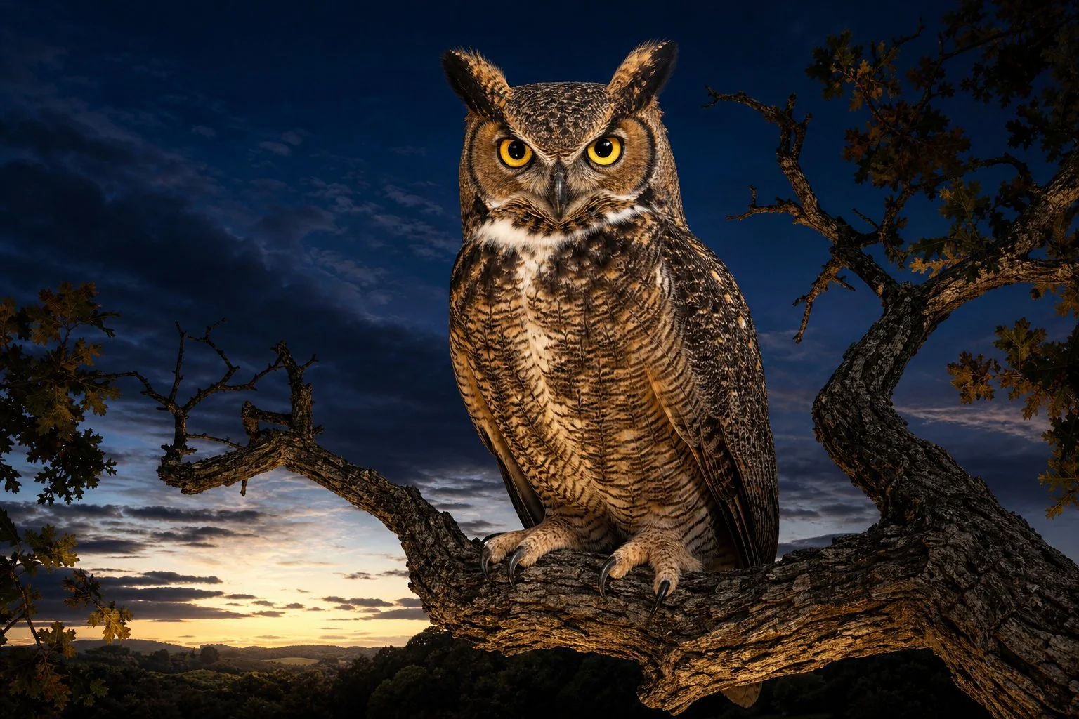 Little Owl, Athena noctua, perched on a stone surface in full daylight, facing forward with large yellow eyes, compact round body and mottled brown-white plumage, olive grove visible in soft focus behind